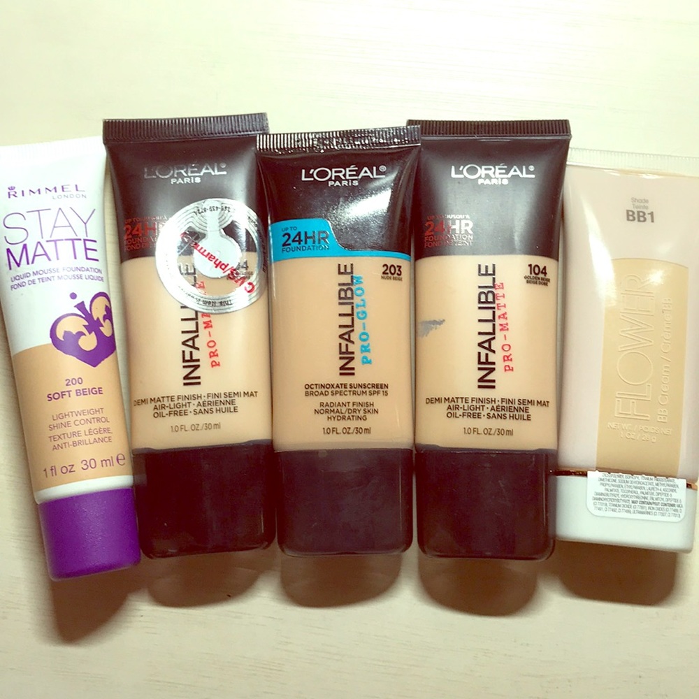 Foundations (Rimmel, L’Oréal, Flower Beauty)